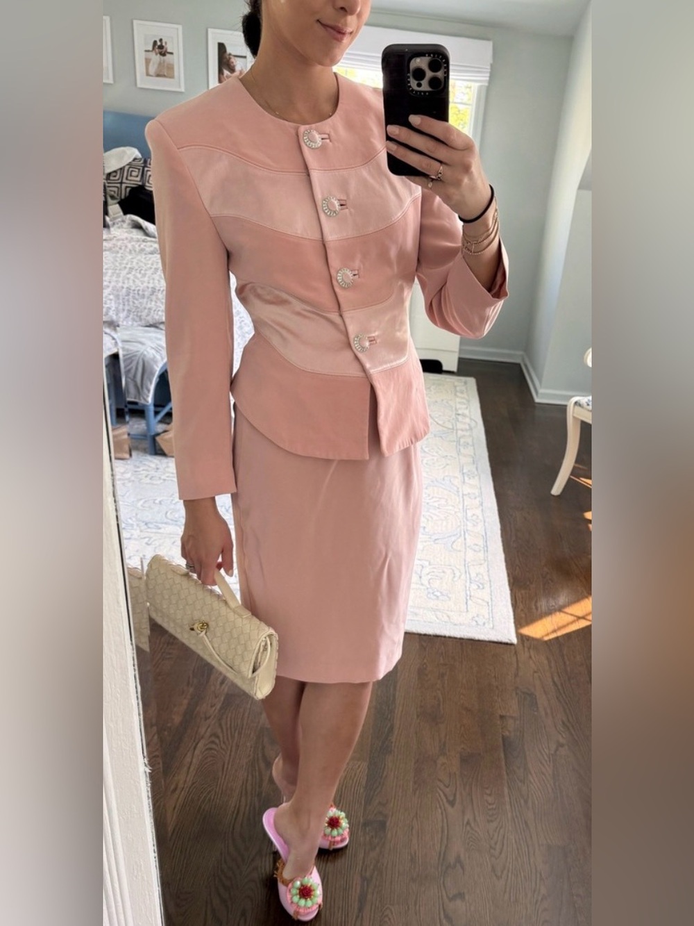 Sioni Pink Satin-Panel Skirt Suit